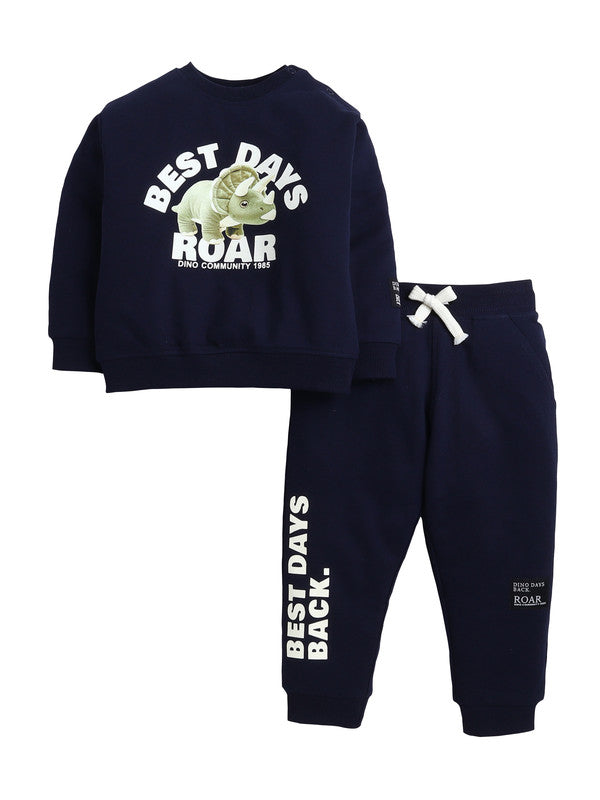 Infant Boys “Best Days Roar” Fleece Tracksuit – Navy 2-Piece Set