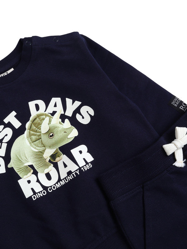 Infant Boys “Best Days Roar” Fleece Tracksuit – Navy 2-Piece Set