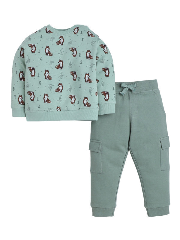 Infant Boys Fox Print Fleece Tracksuit – Sage 2-Piece Set