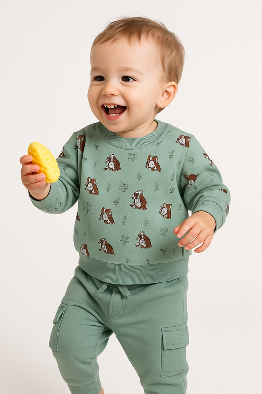 Infant Boys Fox Print Fleece Tracksuit – Sage 2-Piece Set