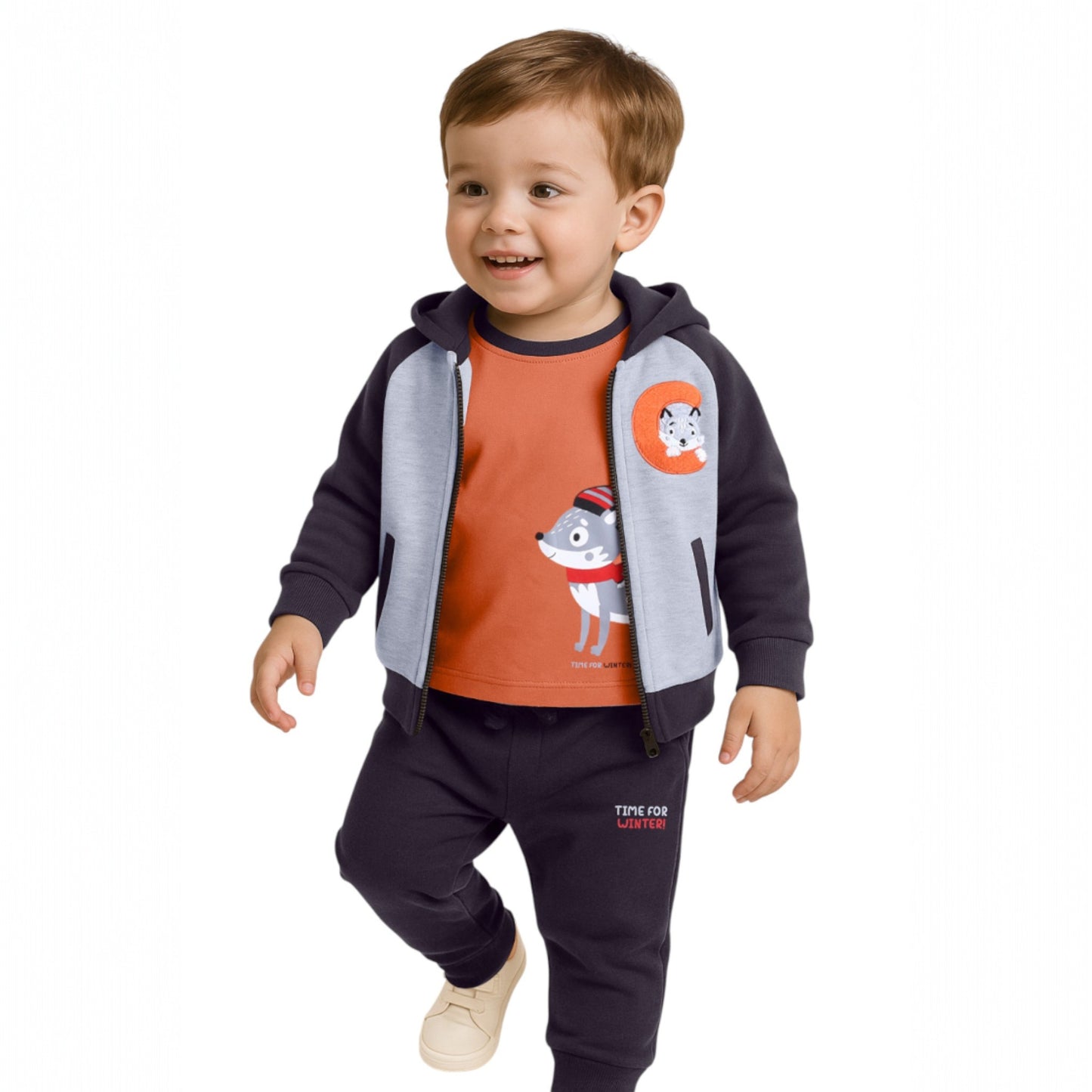 Infant Boys “Time for Winter” 3-Piece CVC Fleece Set – Orange & Navy