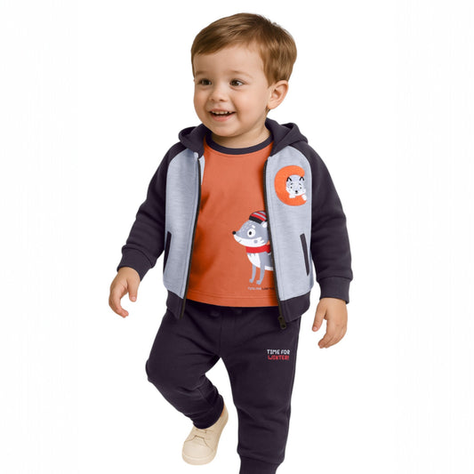 Infant Boys “Time for Winter” 3-Piece CVC Fleece Set – Orange & Navy