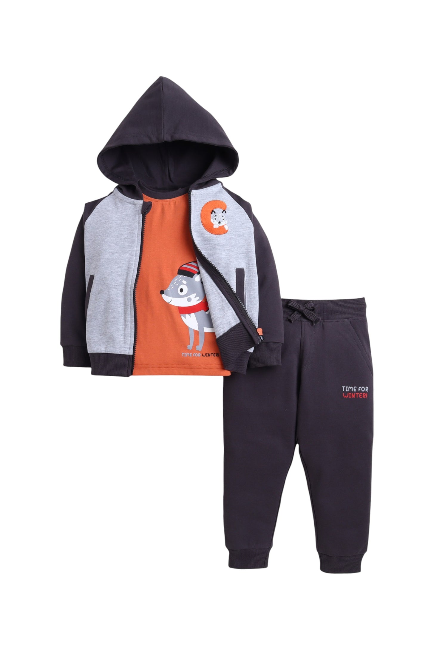 Infant Boys “Time for Winter” 3-Piece CVC Fleece Set – Orange & Navy