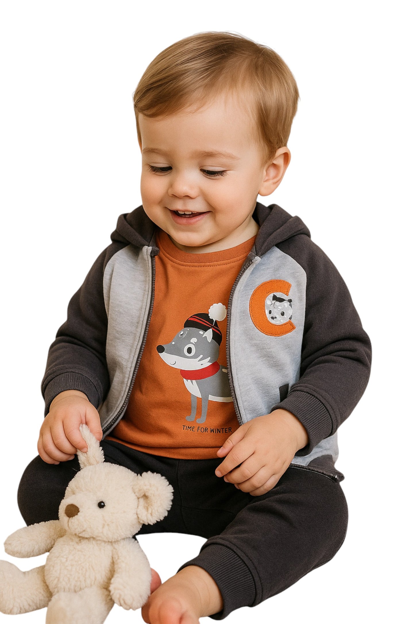Infant Boys “Time for Winter” 3-Piece CVC Fleece Set – Orange & Navy