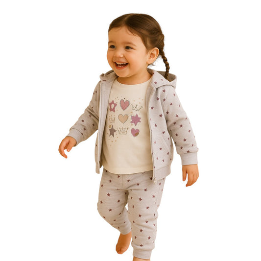 Baby Girl Heart & Star Cotton Fleece 3-Piece Set – Light Grey & Pink