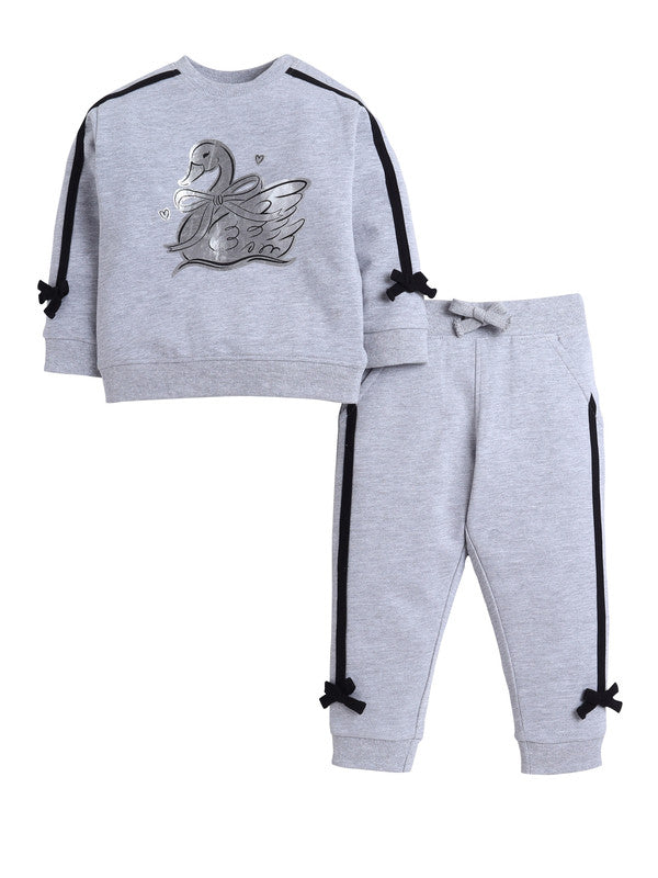 Baby Girl Swan Embroidered Fleece Tracksuit – Grey 2-Piece Set
