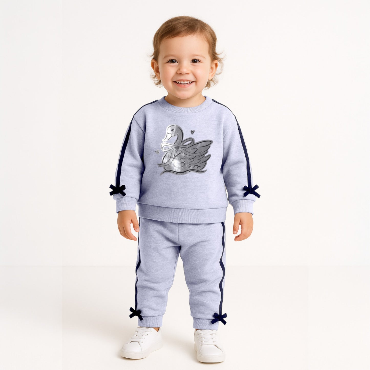 Baby Girl Swan Embroidered Fleece Tracksuit – Grey 2-Piece Set