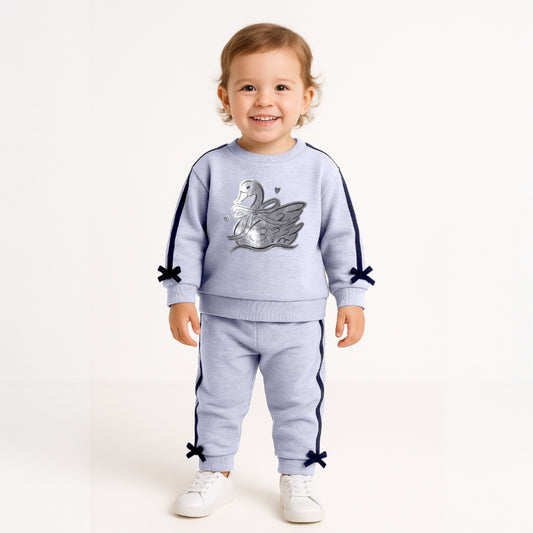 Baby Girl Swan Embroidered Fleece Tracksuit – Grey 2-Piece Set