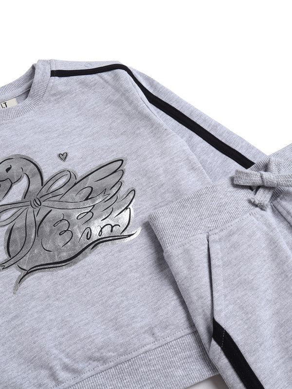 Baby Girl Swan Embroidered Fleece Tracksuit – Grey 2-Piece Set