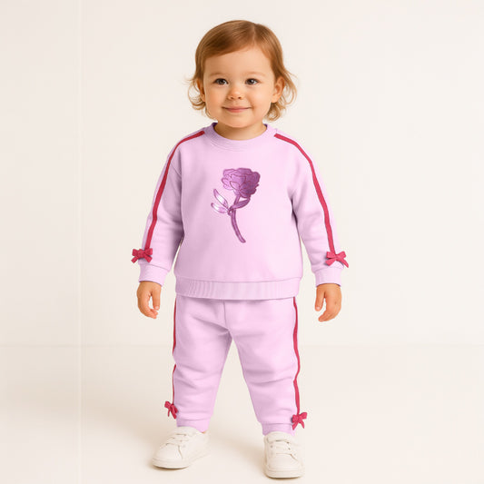 Baby Girl Rose Appliqué Fleece Tracksuit – Pink 2-Piece Set