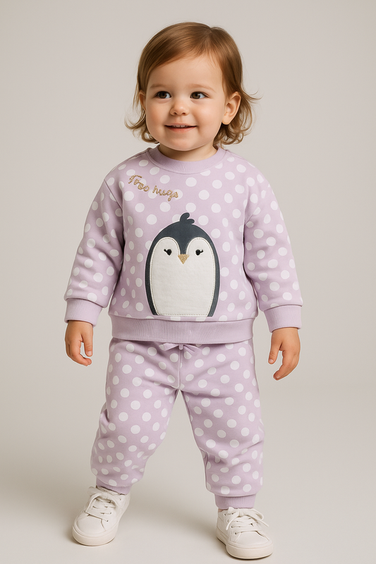 Baby Girl Penguin Appliqué Fleece Tracksuit – Lilac Polka-Dot 2-Piece Set