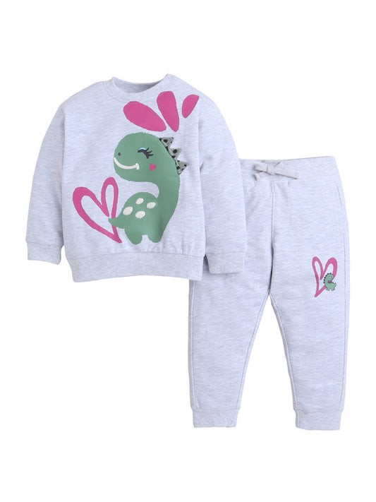 Baby Girl Dino & Heart Fleece Tracksuit – Oatmeal 2-Piece Set