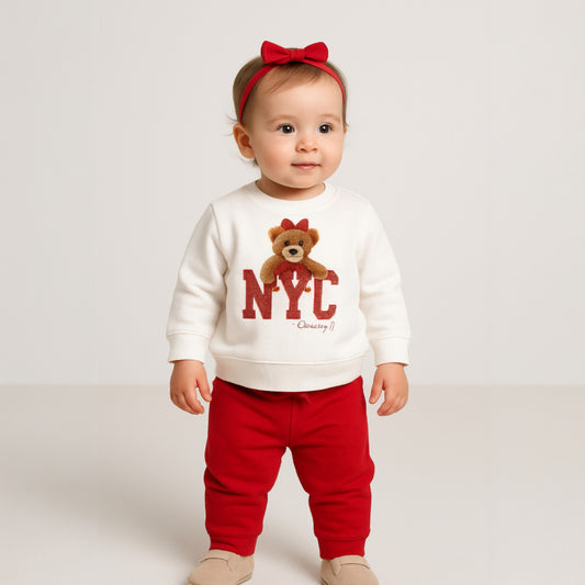 Baby Girl NYC Bear Fleece Tracksuit – Cream & Red 2-Piece Set