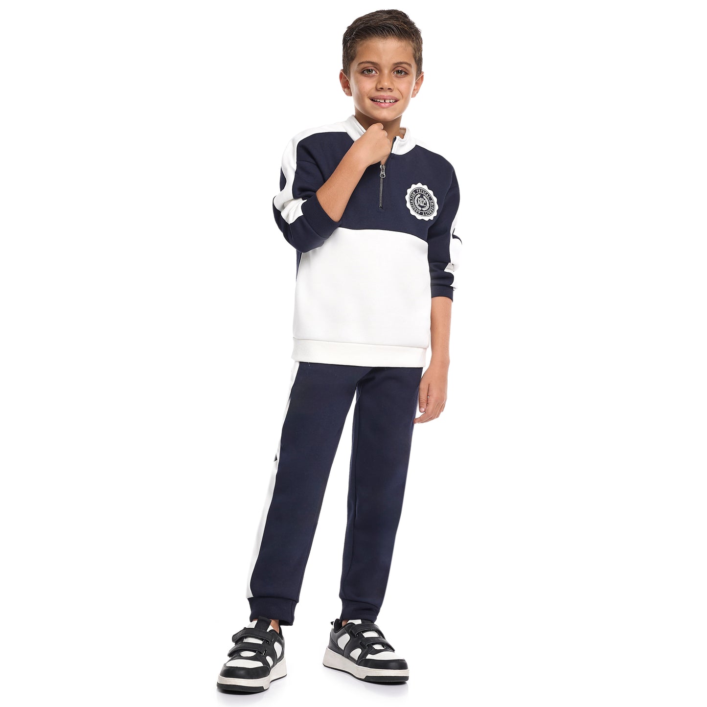 Boys Zip-Neck Colourblock Fleece Tracksuit - Navy & White