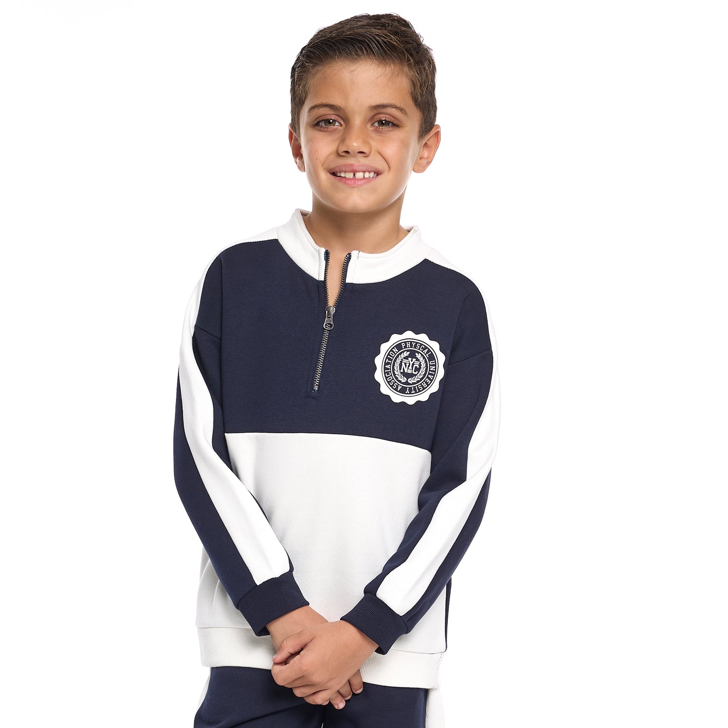 Boys Zip-Neck Colourblock Fleece Tracksuit - Navy & White