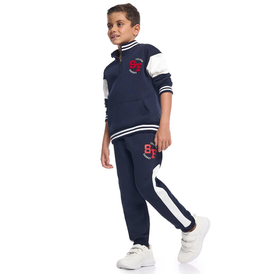 Boys Varsity Zip-Neck Fleece Tracksuit - Navy & White with SF Patch