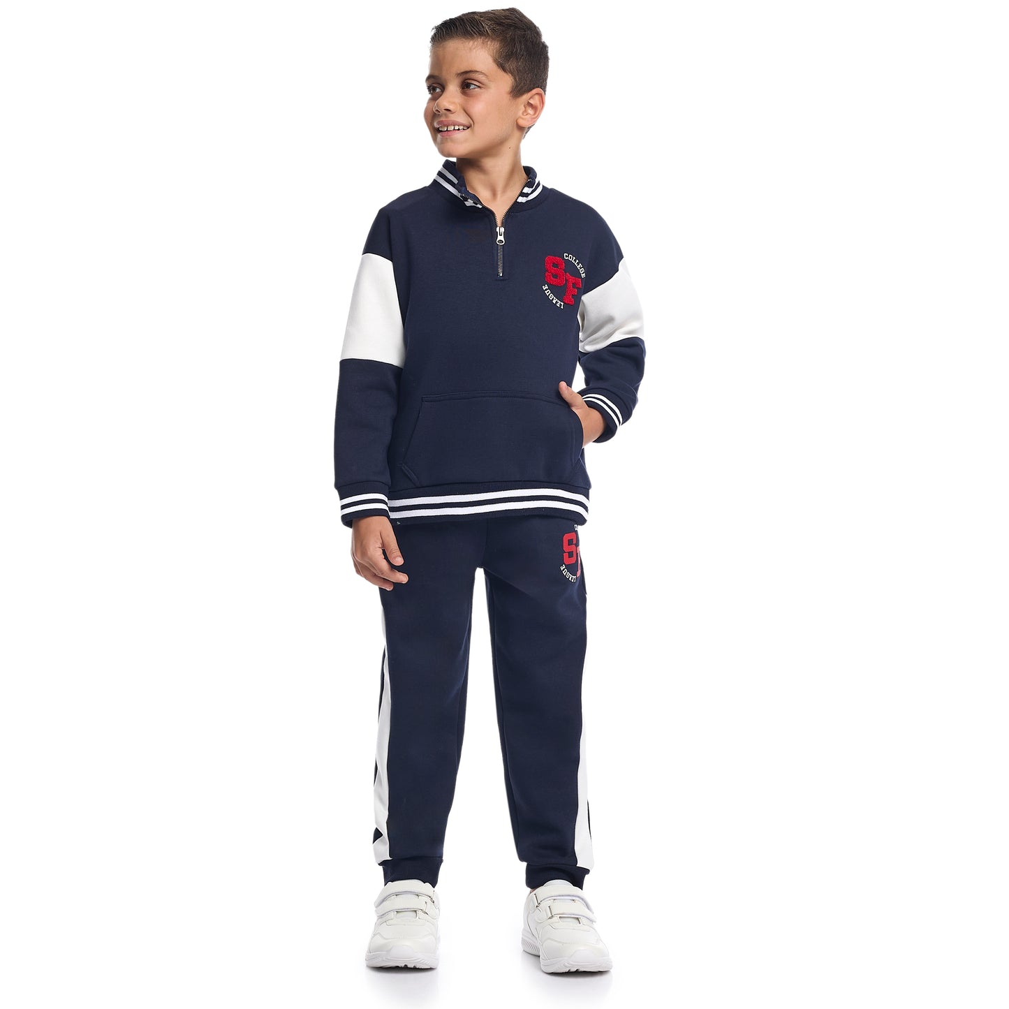 Boys Varsity Zip-Neck Fleece Tracksuit - Navy & White with SF Patch