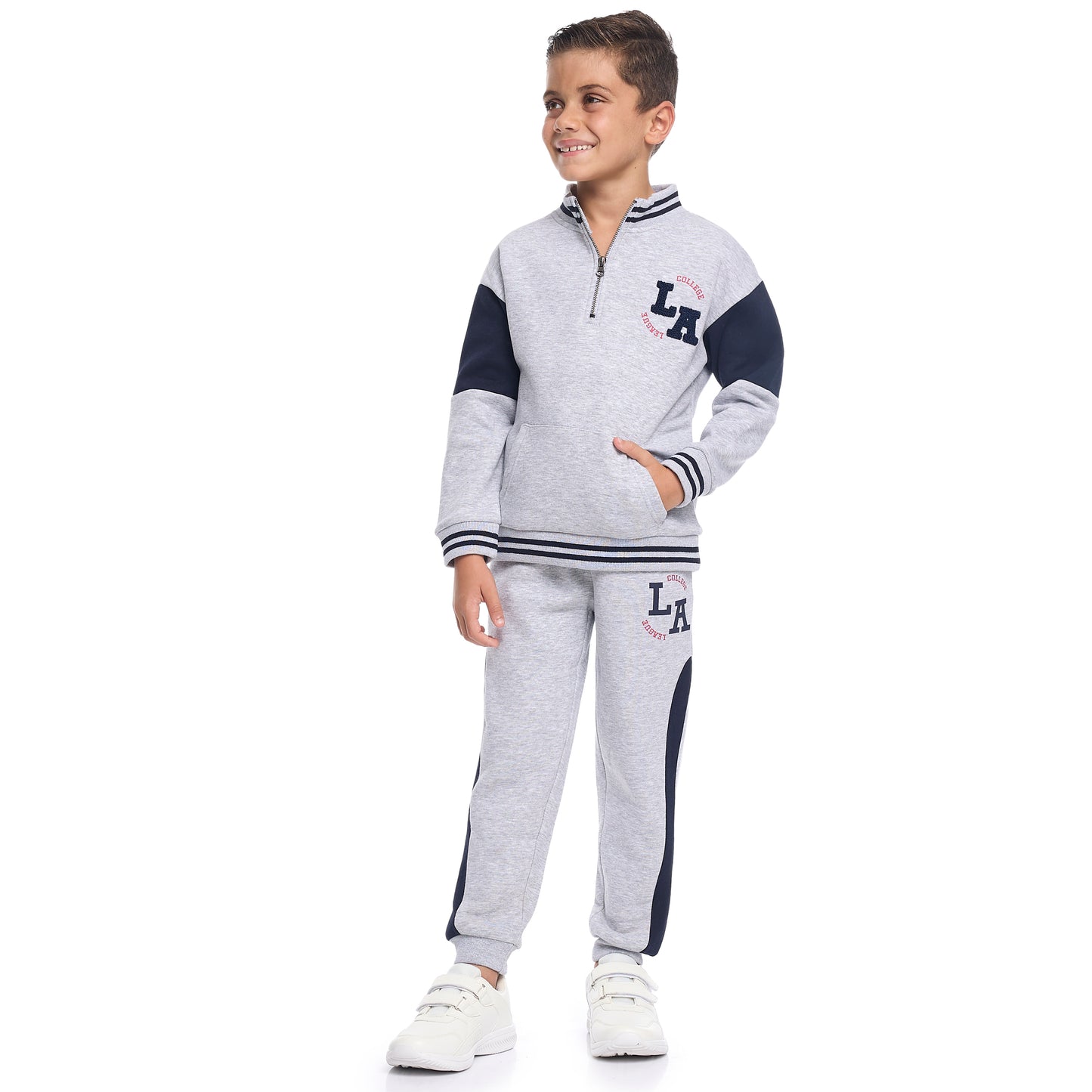 Boys LA Patch Zip-Neck Fleece Tracksuit - Light Grey