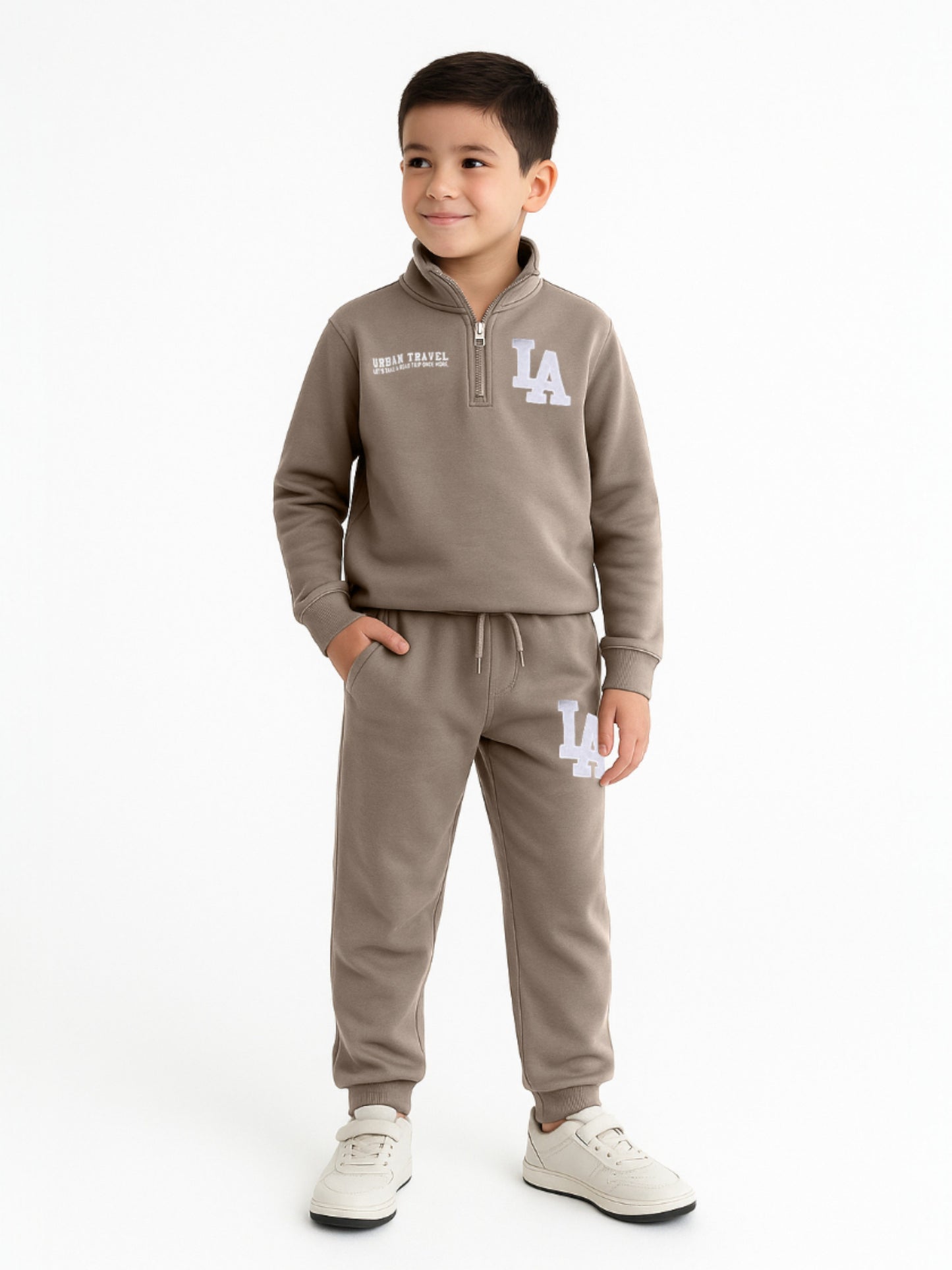 Boys LA Zip-Neck Fleece Tracksuit - Olive Green
