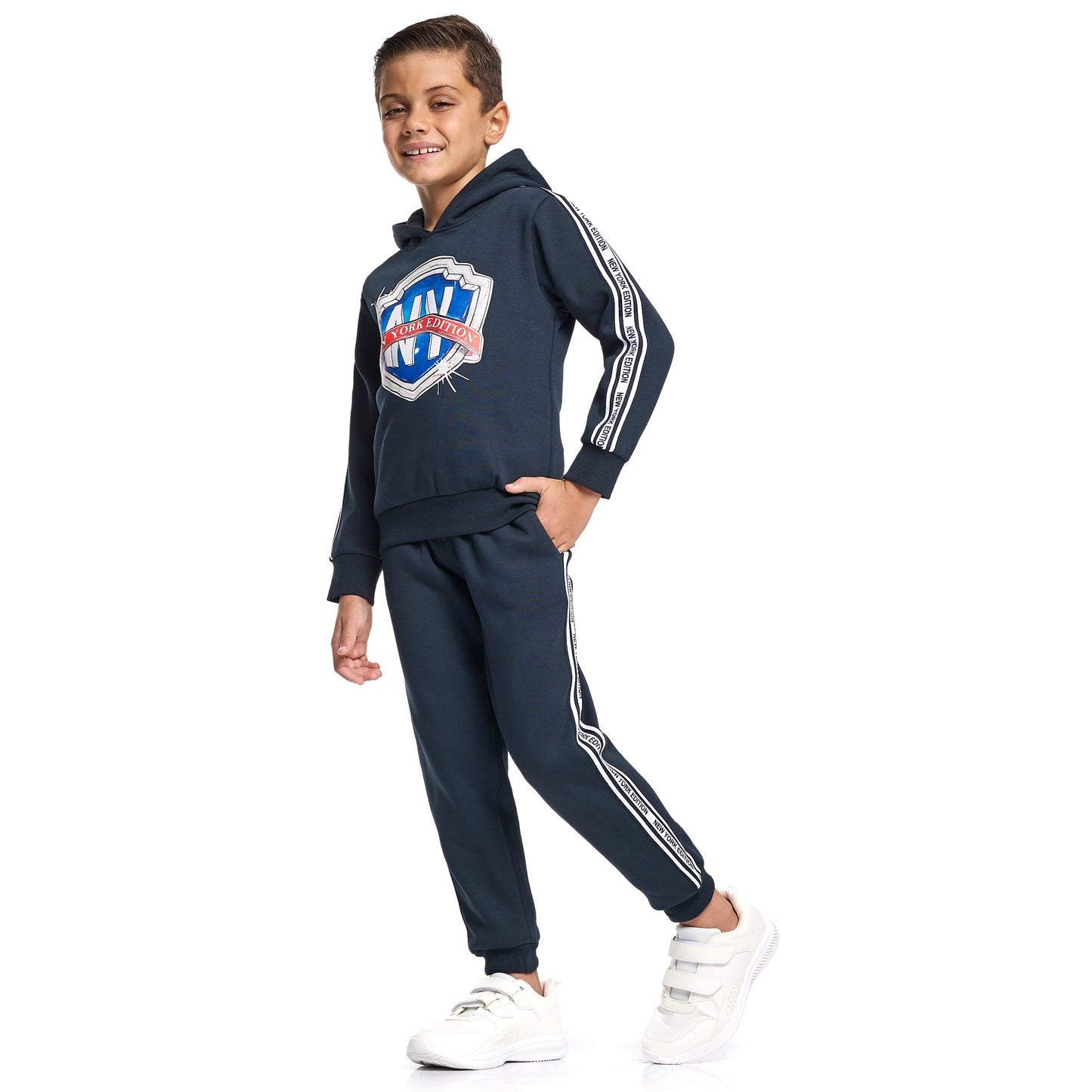 Boys Hooded Badge Fleece Tracksuit - Navy with Side Tape Detail