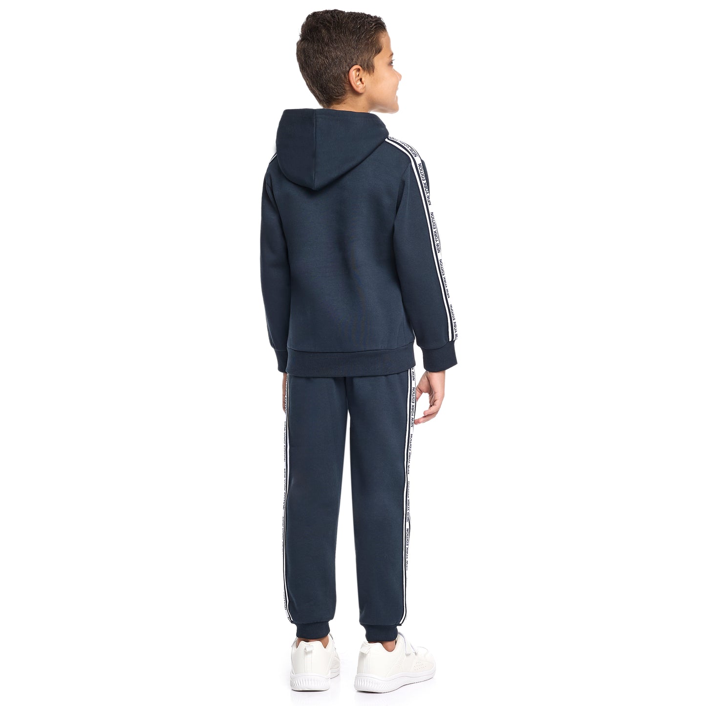 Boys Hooded Badge Fleece Tracksuit - Navy with Side Tape Detail