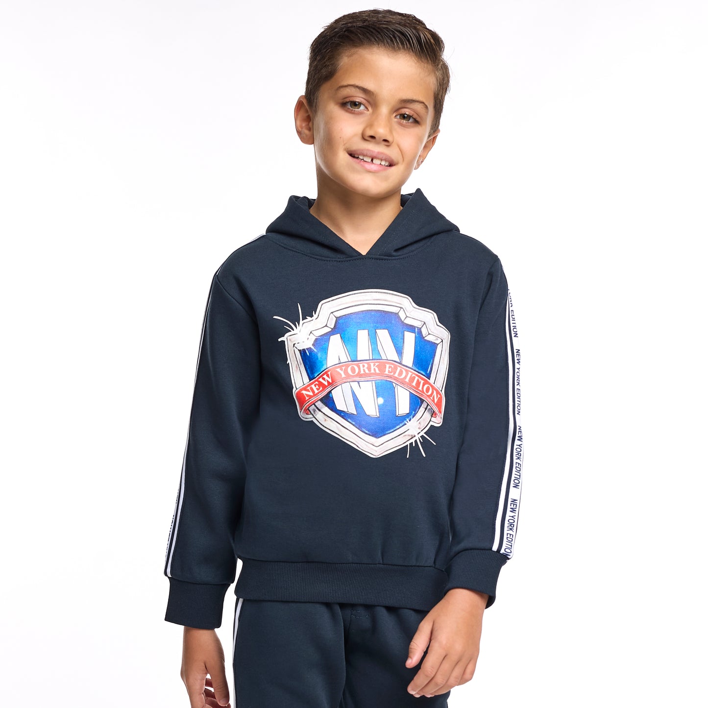 Boys Hooded Badge Fleece Tracksuit - Navy with Side Tape Detail