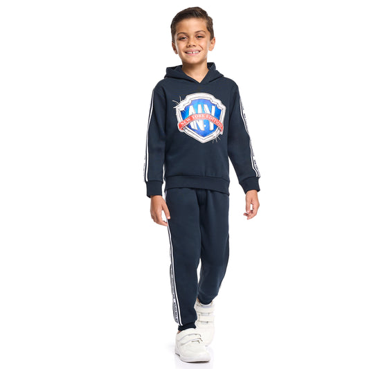 Boys Hooded Badge Fleece Tracksuit - Navy with Side Tape Detail