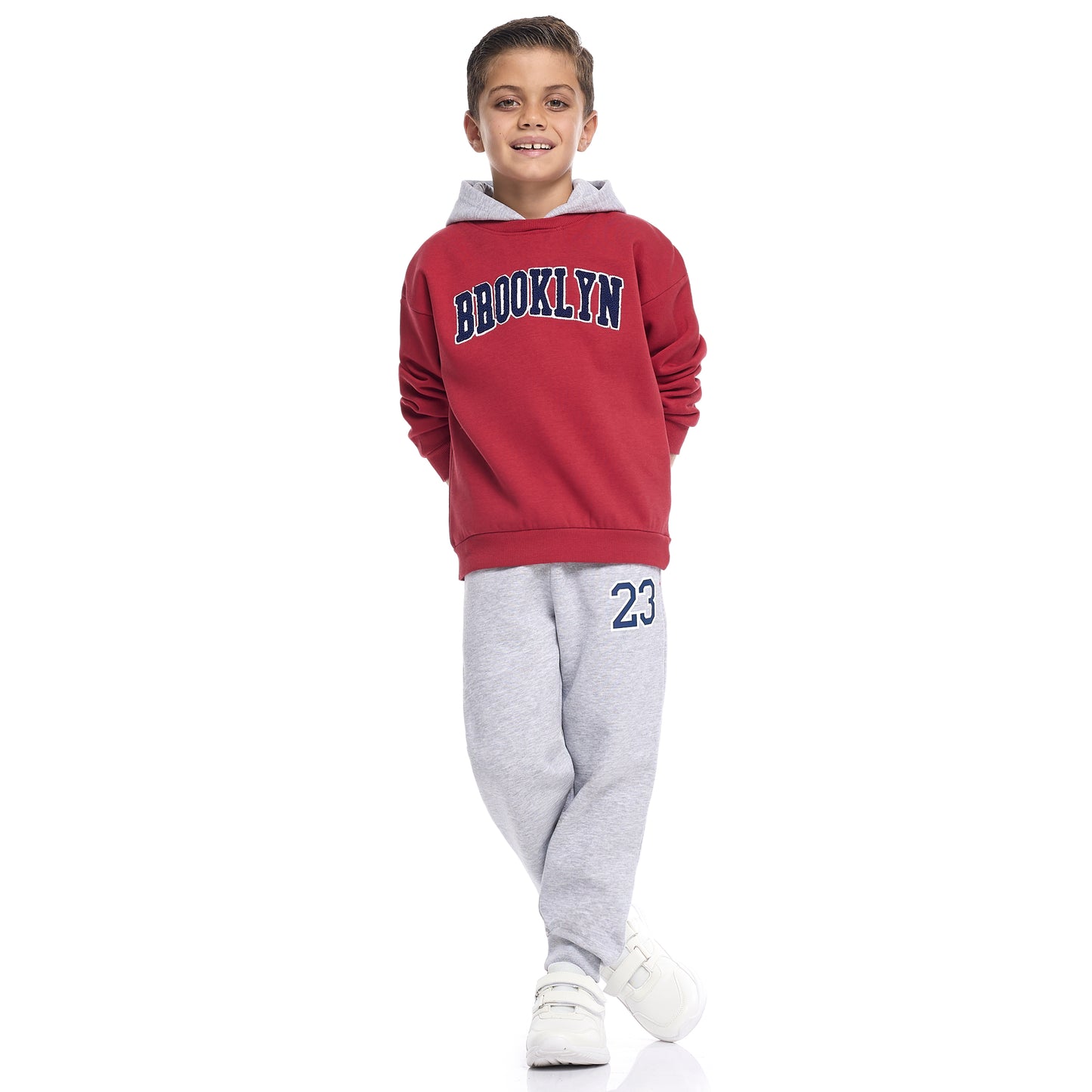 Boys Brooklyn Hoodie Fleece Tracksuit - Maroon & Grey