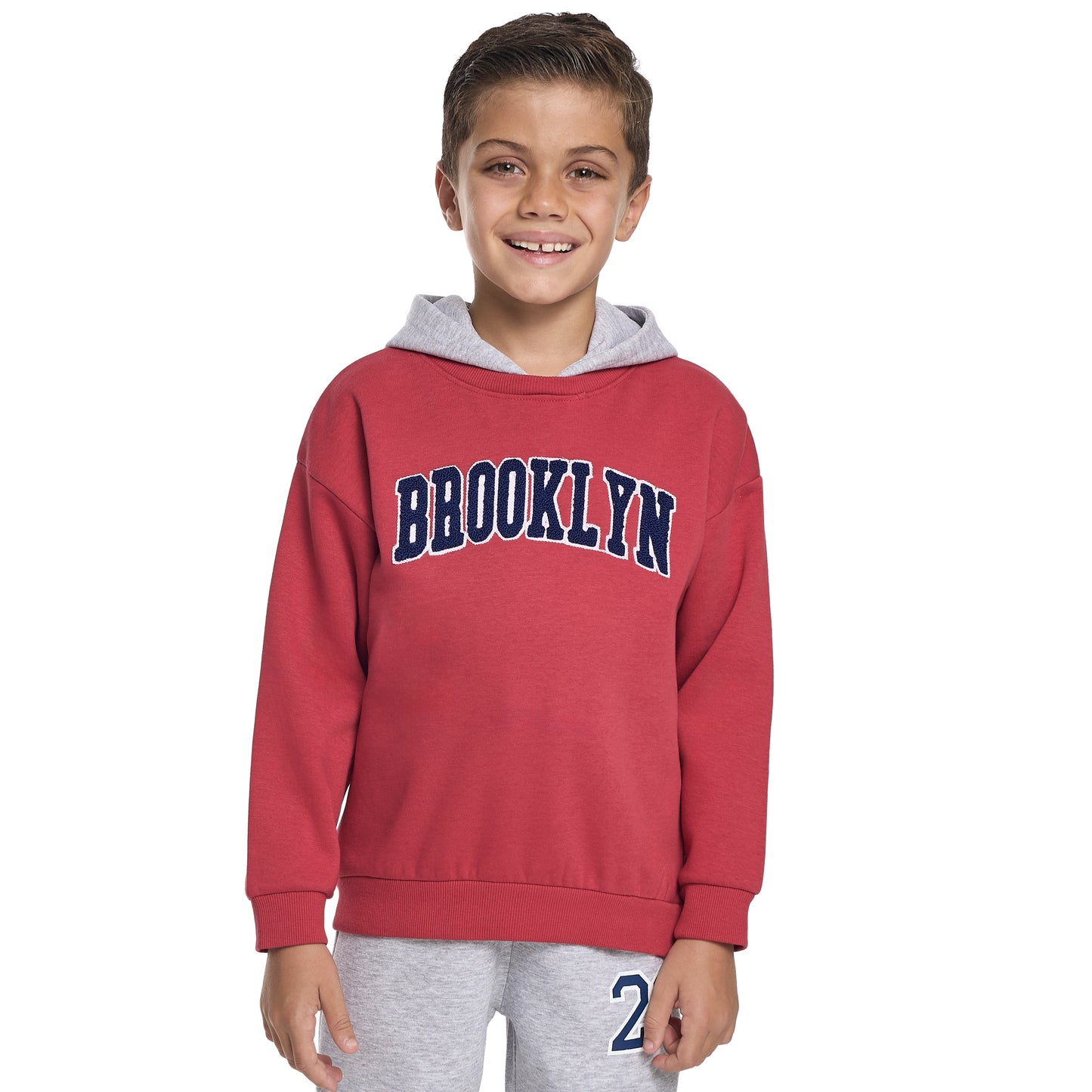 Boys Brooklyn Hoodie Fleece Tracksuit - Maroon & Grey