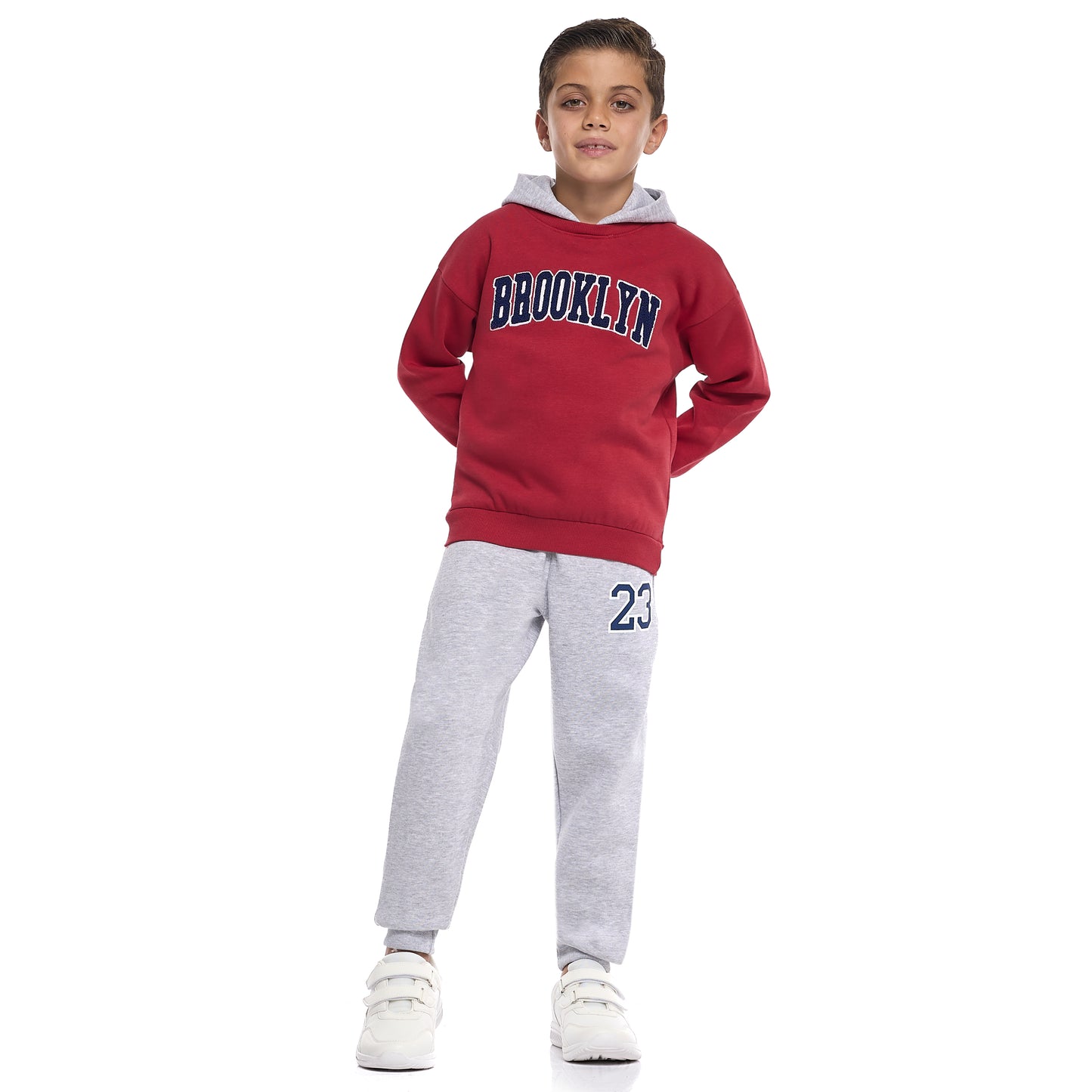 Boys Brooklyn Hoodie Fleece Tracksuit - Maroon & Grey