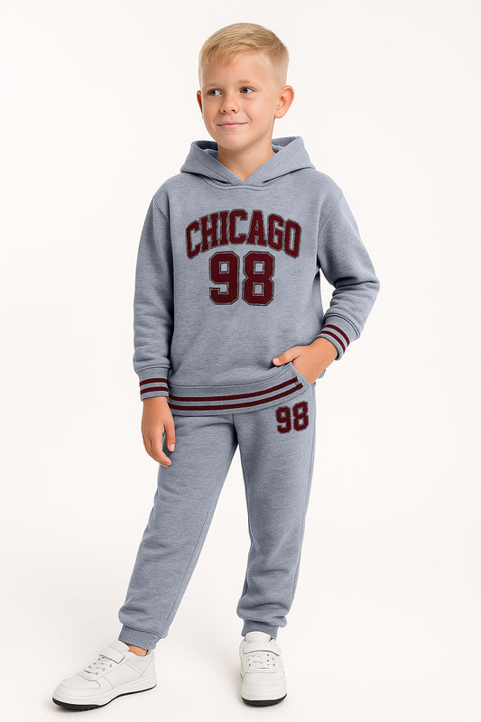 Boys Chicago 98 Hoodie Fleece Tracksuit - Grey with Maroon Accents