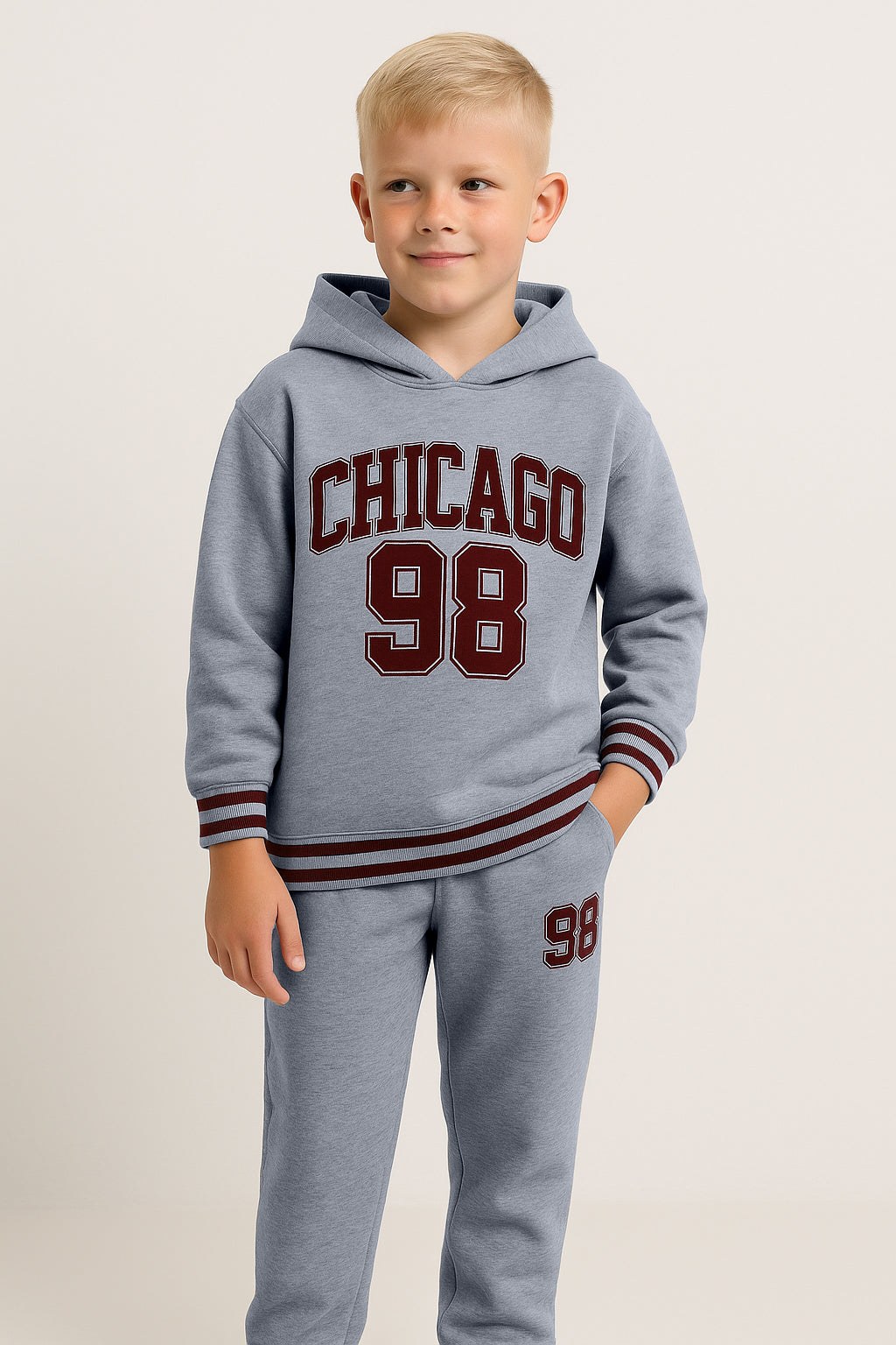 Boys Chicago 98 Hoodie Fleece Tracksuit - Grey with Maroon Accents