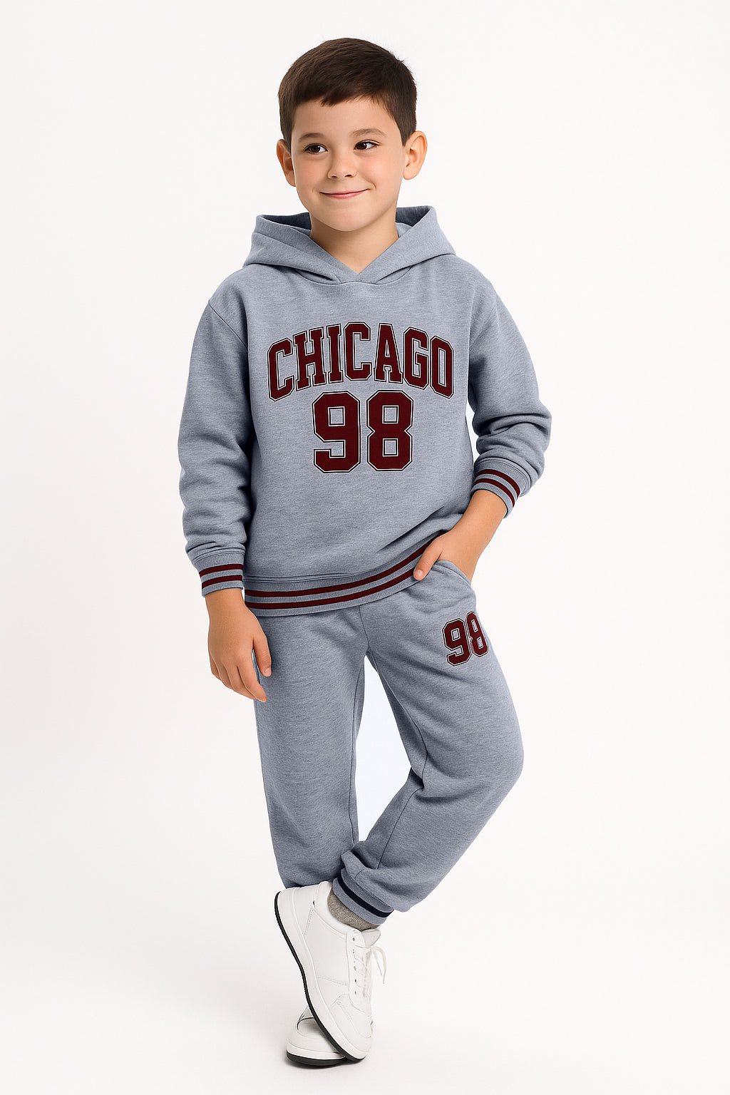 Boys Chicago 98 Hoodie Fleece Tracksuit - Grey with Maroon Accents