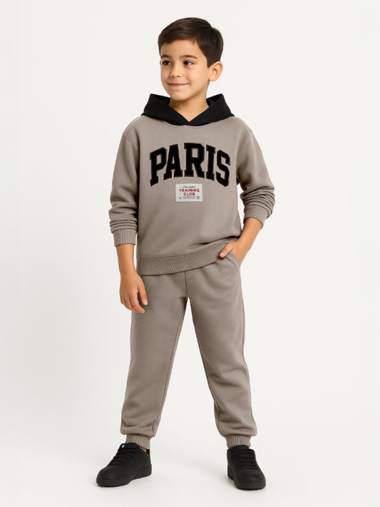 Boys Paris Patch Hoodie Fleece Tracksuit - Beige