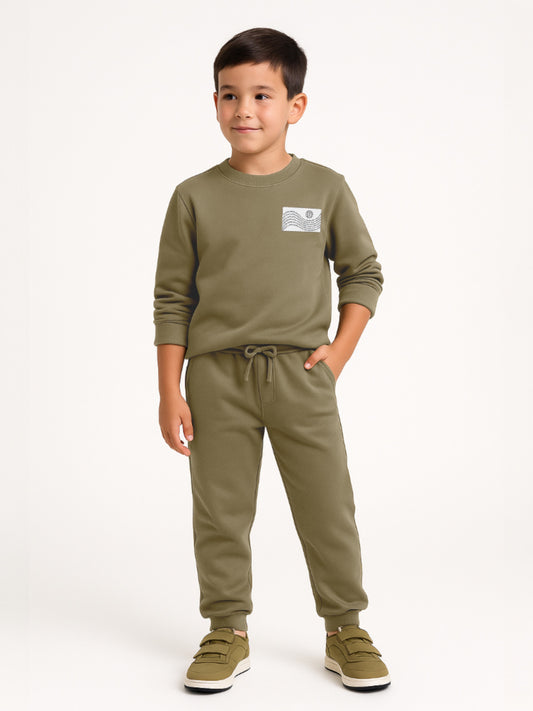 Boys Olive Green Printed Utility Fleece Tracksuit - Sweatshirt with Crossbody Bag Print