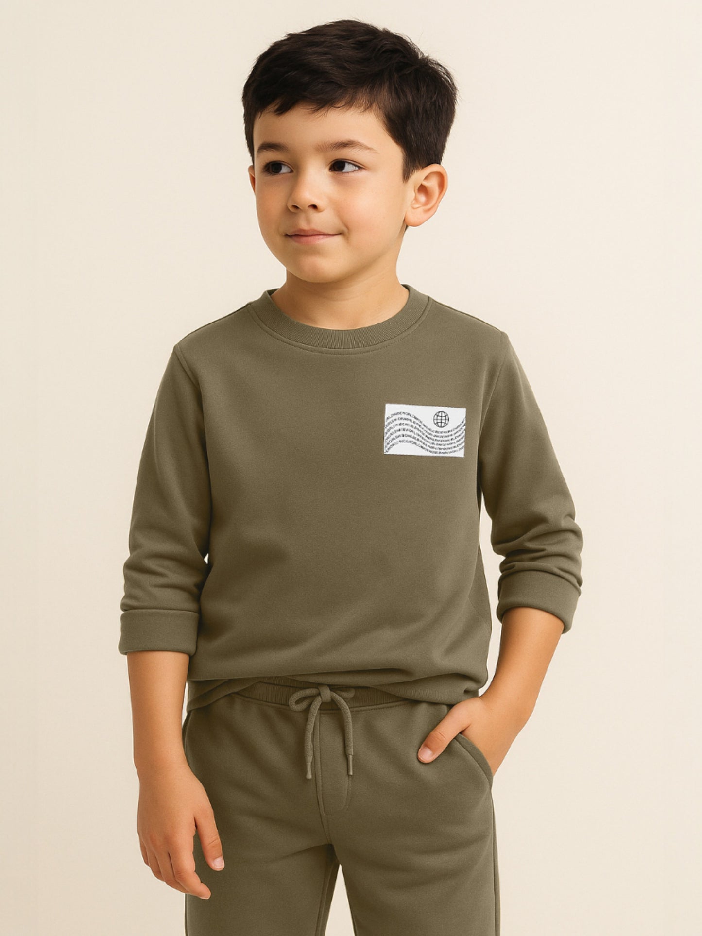 Boys Olive Green Printed Utility Fleece Tracksuit - Sweatshirt with Crossbody Bag Print
