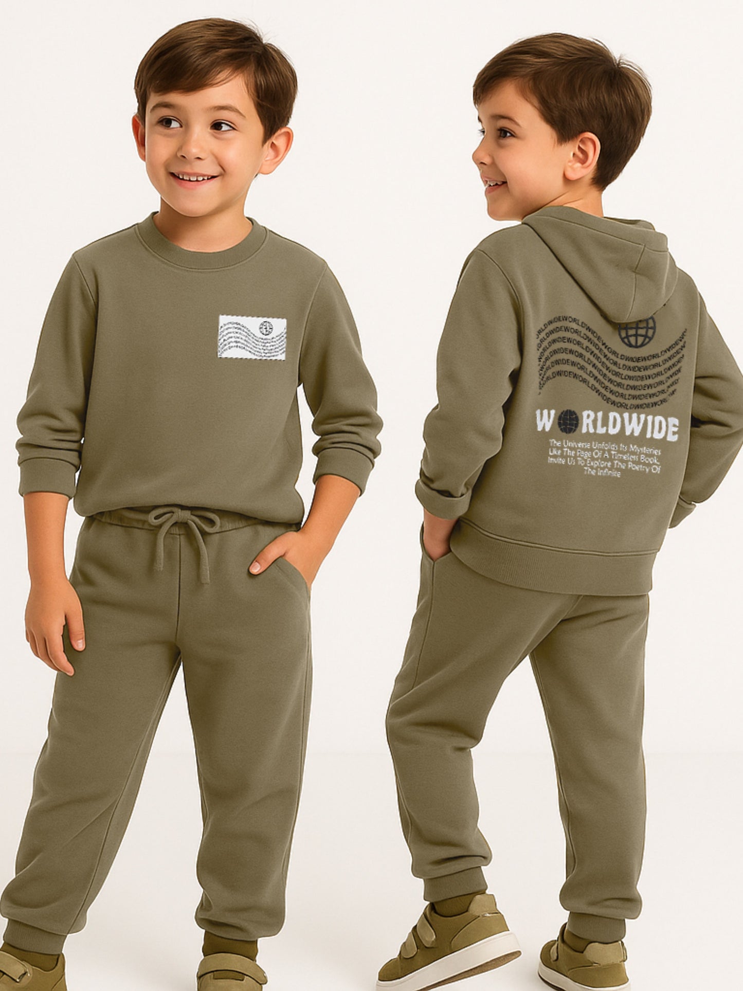 Boys Olive Green Printed Utility Fleece Tracksuit - Sweatshirt with Crossbody Bag Print