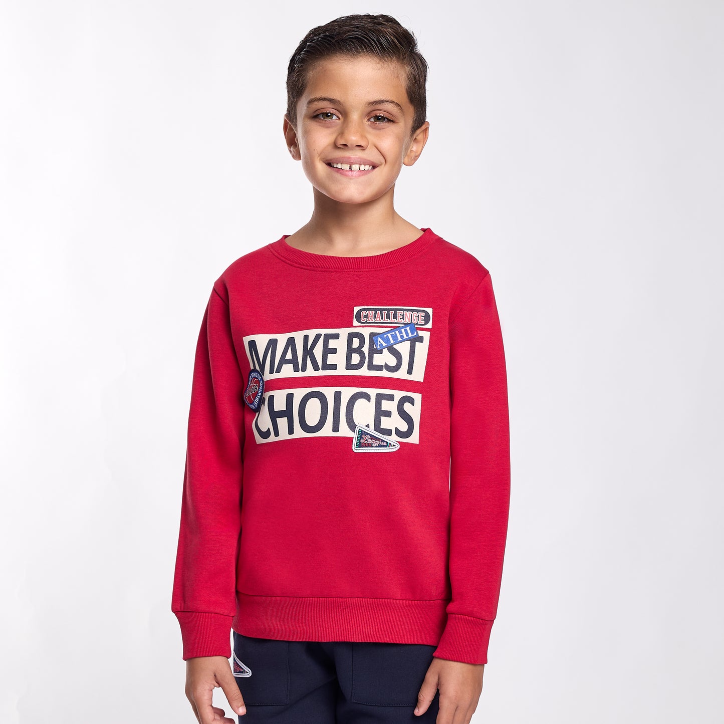 Boys' Red & Navy Winter Fleece Set – Sweatshirt & Jogger with "Make Best Choices" Print