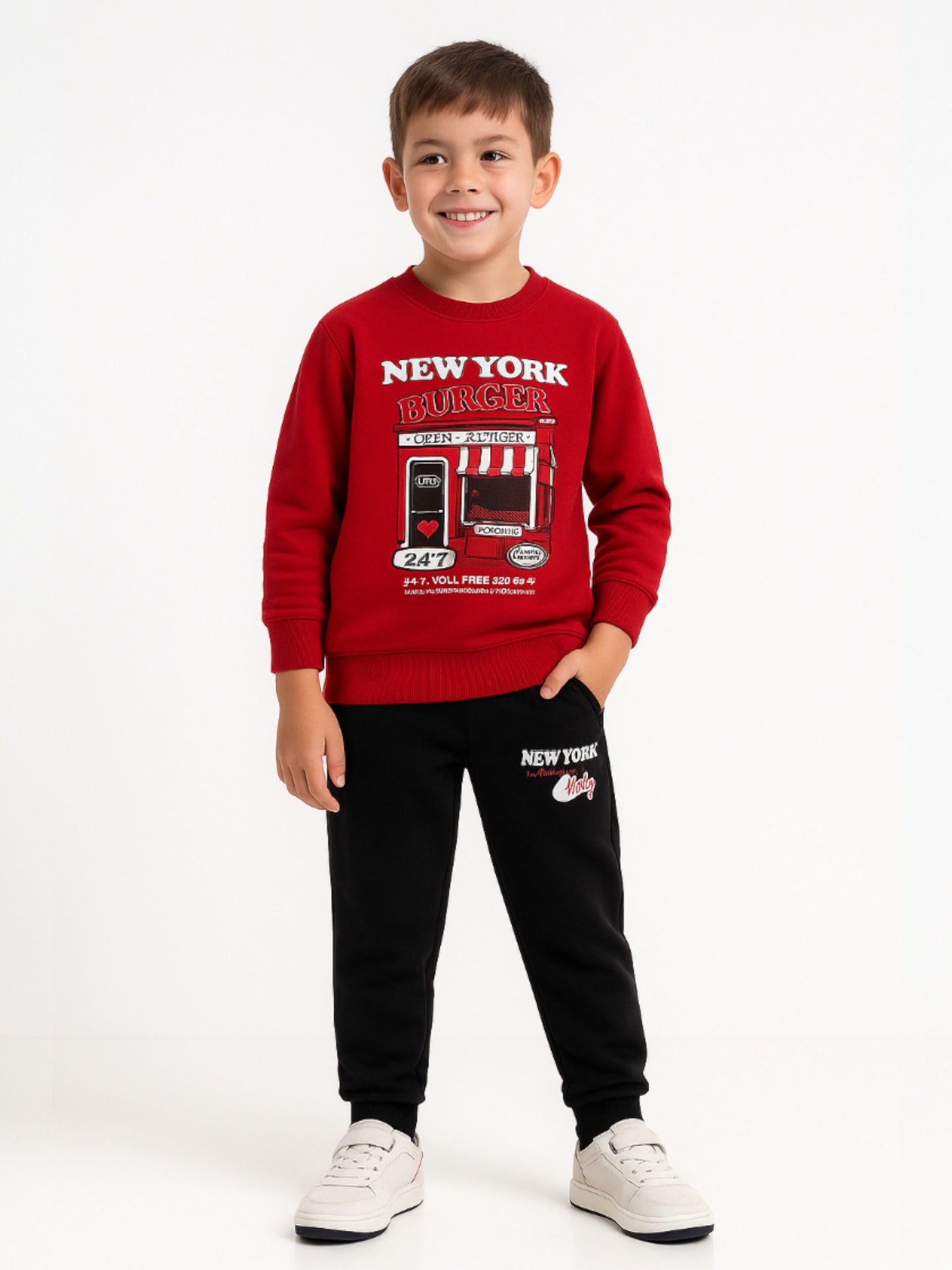 Boys’ Trendy  Winter Tracksuit – Red Sweatshirt & Black Joggers with NYC Print