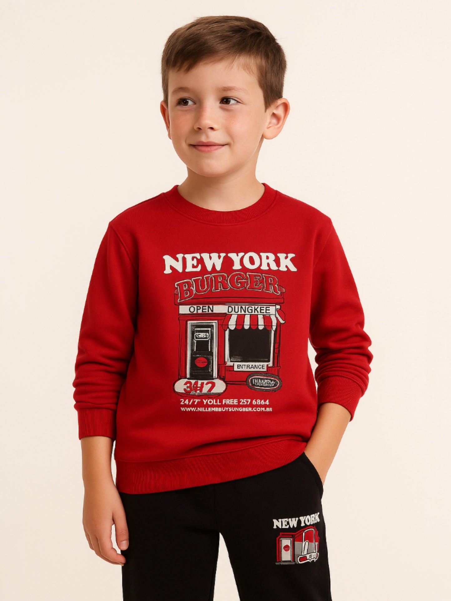 Boys’ Trendy  Winter Tracksuit – Red Sweatshirt & Black Joggers with NYC Print