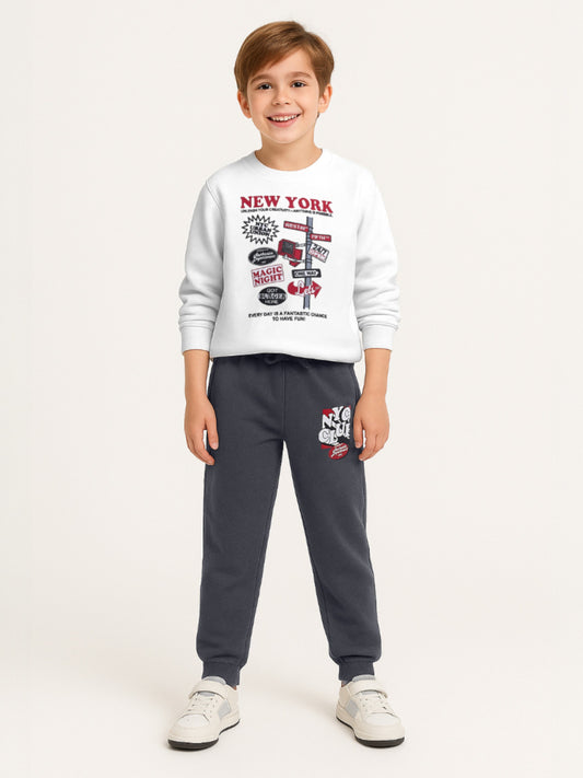 Boys’ Cozy Fleece Tracksuit – Off White Sweatshirt & Grey Joggers
