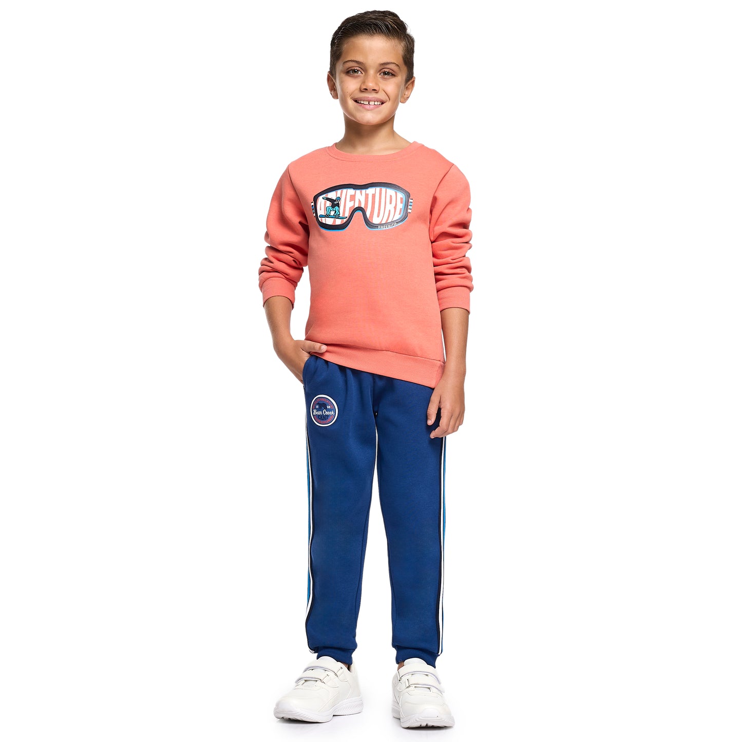 Boys’ Warm Fleece Sweatshirt & Jogger Set – “Adventure” Graphic | Coral & Navy