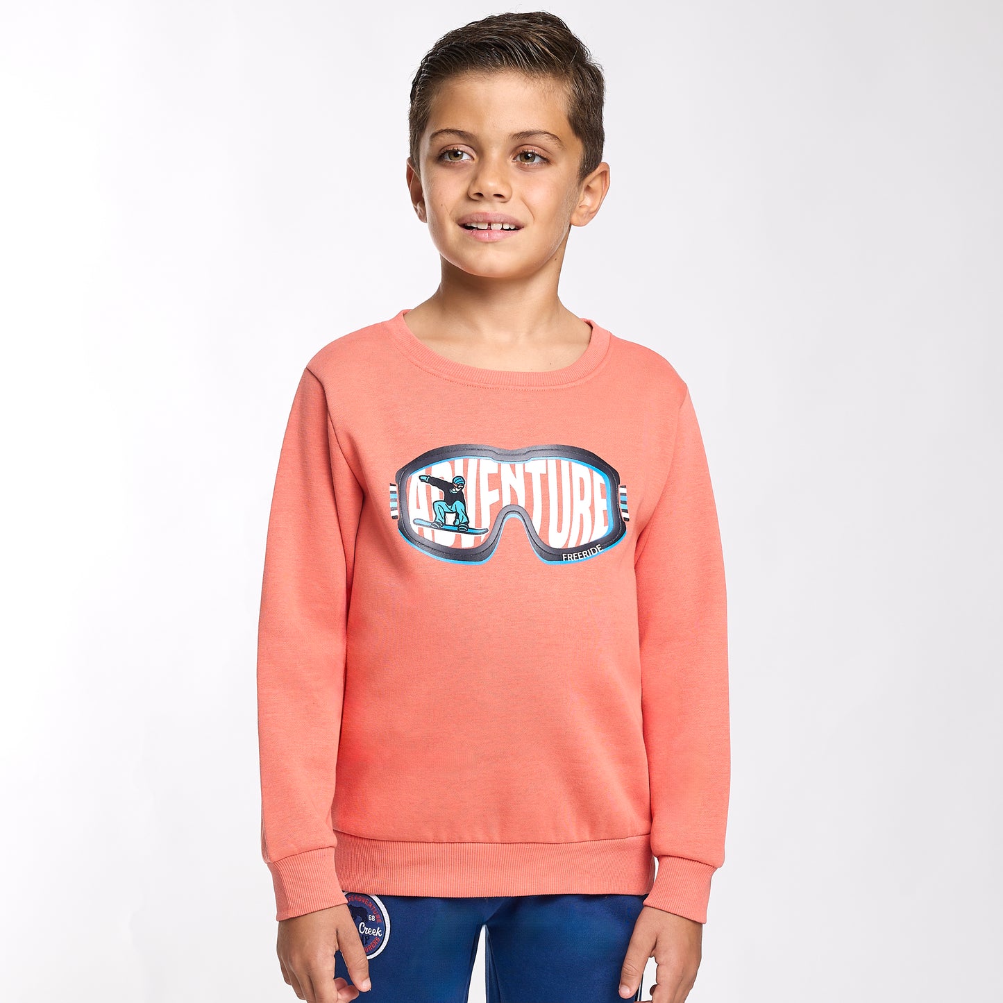 Boys’ Warm Fleece Sweatshirt & Jogger Set – “Adventure” Graphic | Coral & Navy