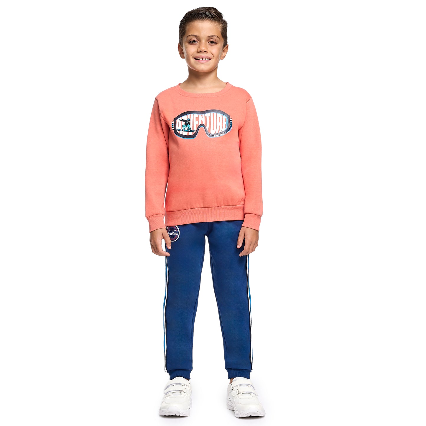 Boys’ Warm Fleece Sweatshirt & Jogger Set – “Adventure” Graphic | Coral & Navy