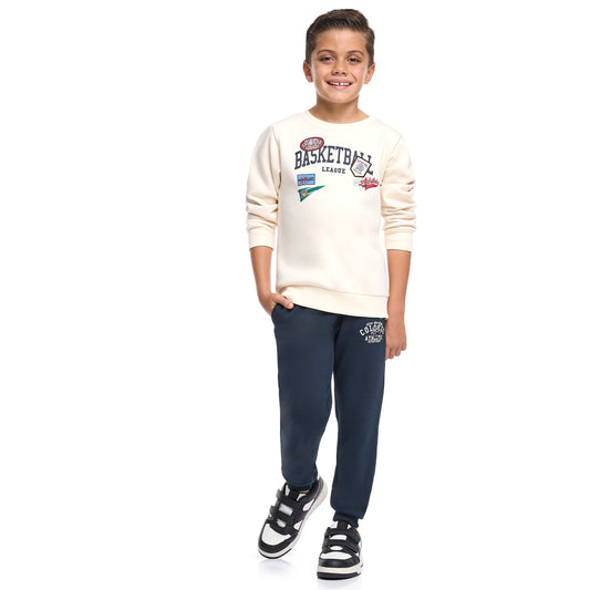 Boys’ Basketball League Fleece Set – Cream Sweatshirt & Navy Joggers