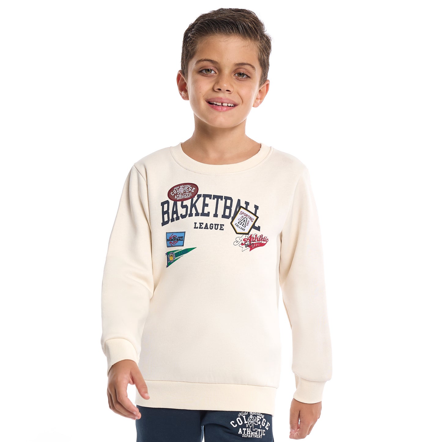 Boys’ Basketball League Fleece Set – Cream Sweatshirt & Navy Joggers