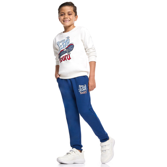 Boys’ Trendy Skate Outfit – White Sweatshirt & Navy Bottoms