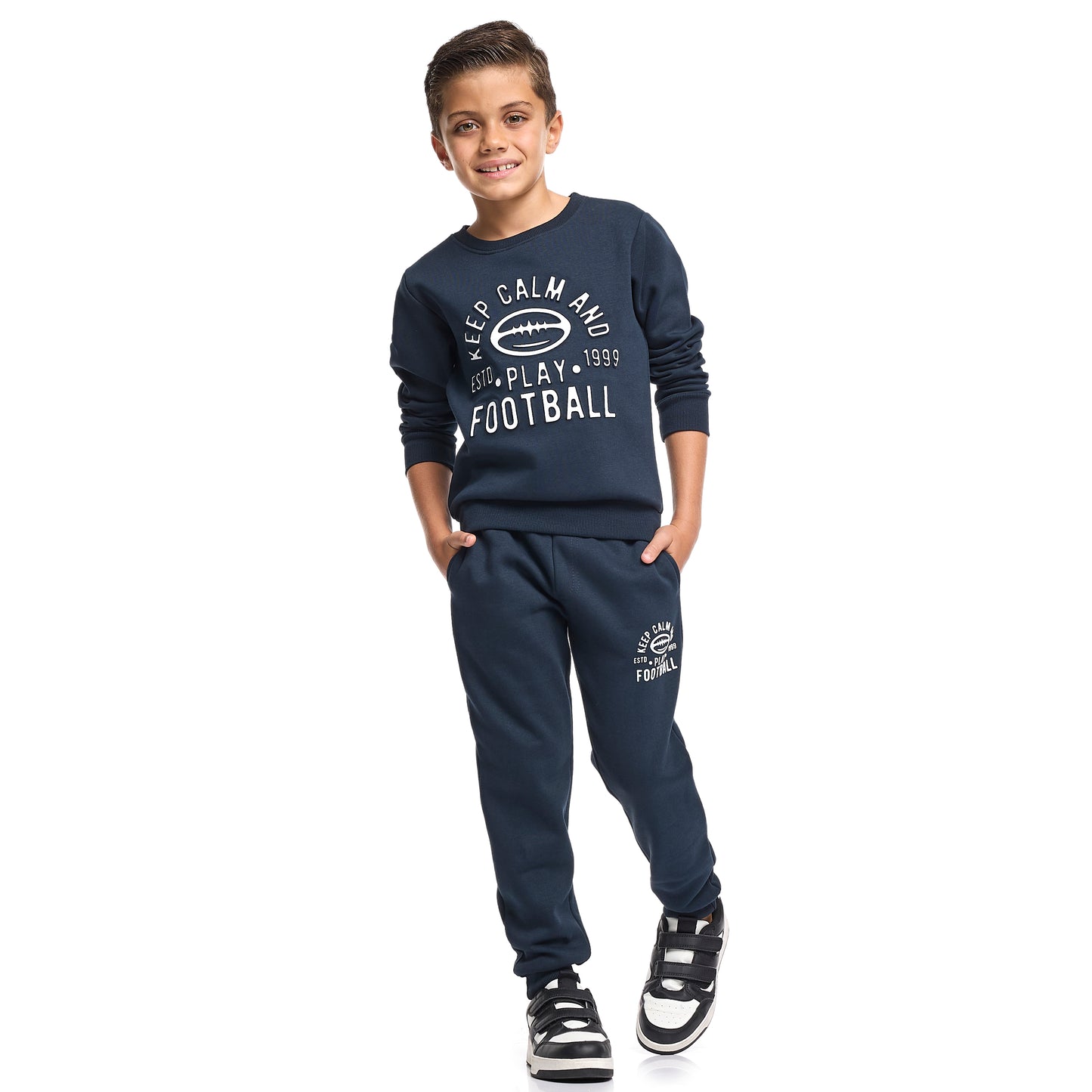 Boys’ Casual Tracksuit – Navy Blue Football Graphic Sweatshirt & Joggers
