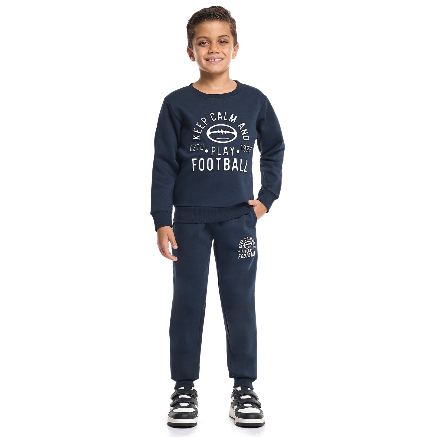 Boys’ Casual Tracksuit – Navy Blue Football Graphic Sweatshirt & Joggers