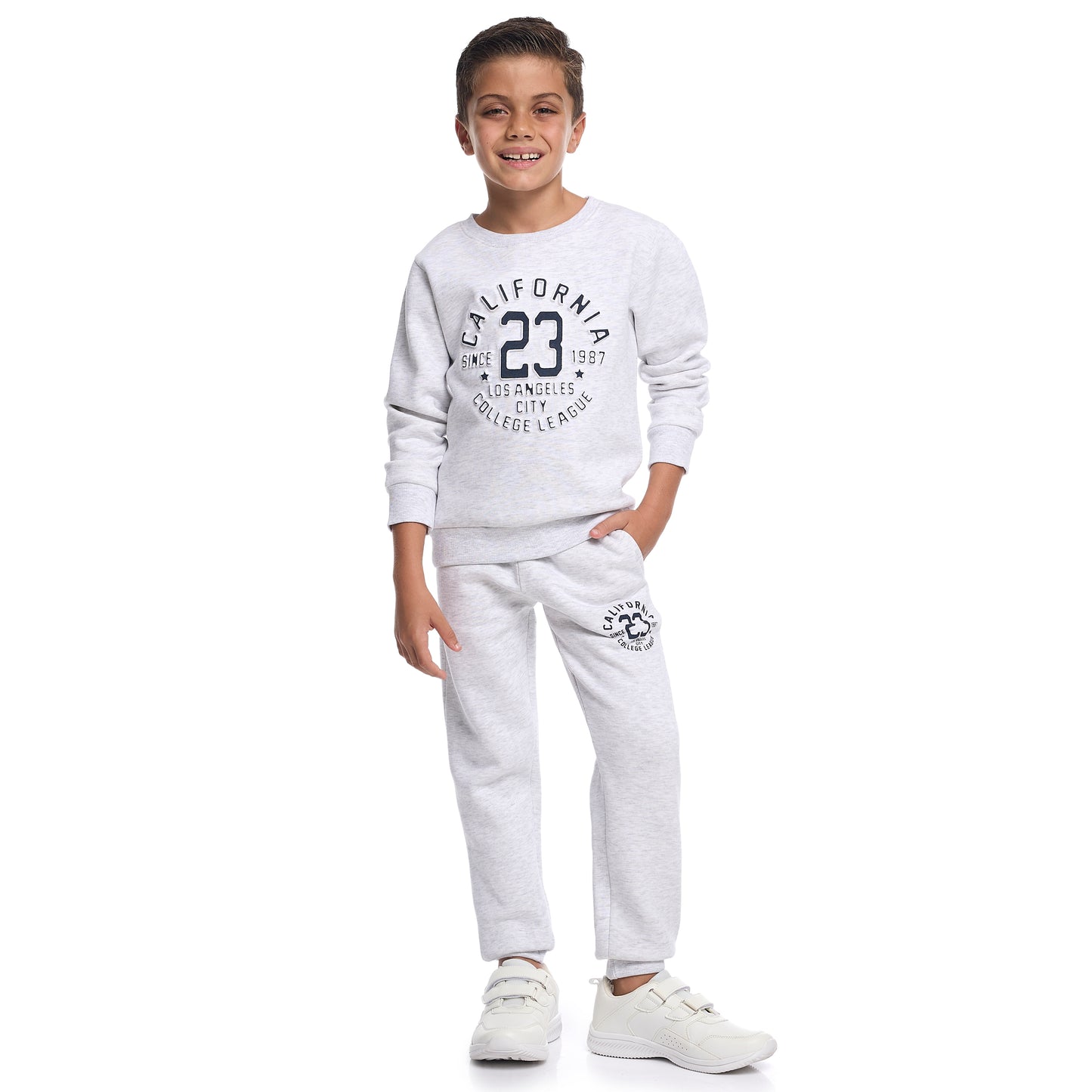 Boys’ Trendy Winter Co-ord Set – California Print in Soft Grey Melange